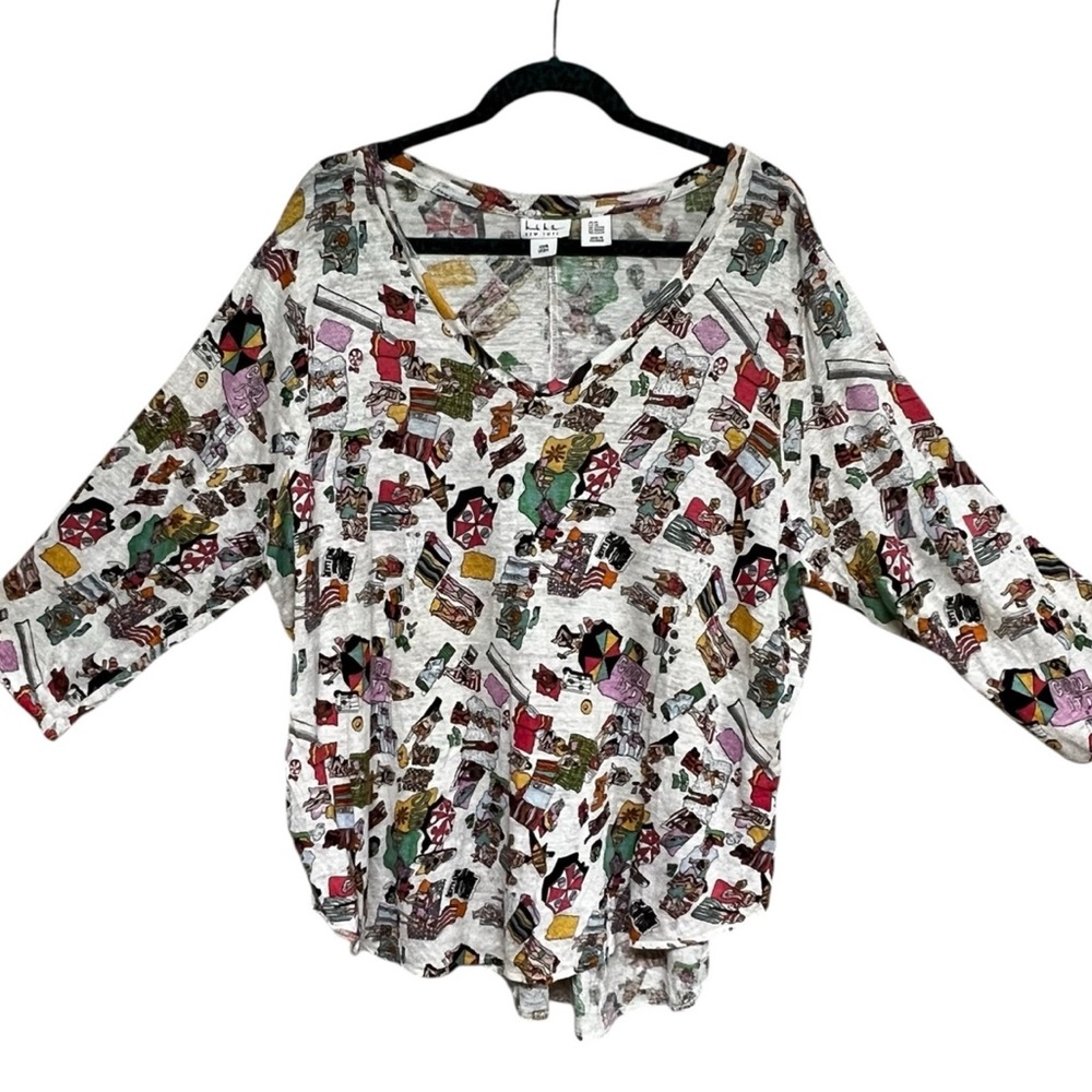 Nicole Miller 100% Linen Pullover Top 3/4 Length Sleeves Beach Print Size XXL